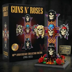 Cross shaped display with skull characters inspired by rock musicians shown next to a themed collector box!