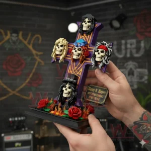 Hands holding a cross shaped skull display inspired by rock music with decorative base elements!