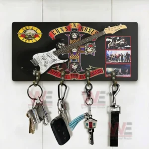 Guns N’ Roses Appetite for Destruction Personalized Wall Key Holder 5 Wall key organizer with rock inspired artwork and metal hooks holding keys shown in a simple indoor environment!