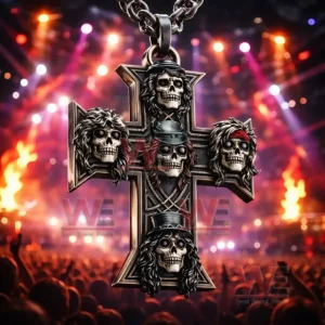 Metal cross necklace with skull face details displayed in a dramatic rock concert atmosphere!