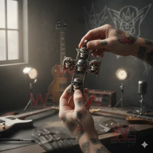 Metal cross skull necklace held in hands with music studio background and rock style atmosphere!