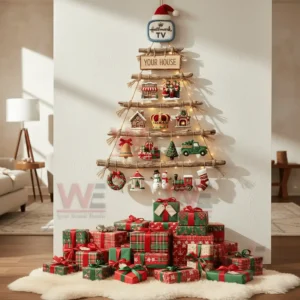 A rustic wooden branch Christmas wall tree decorated with Hallmark TV themed ornaments hanging above a pile of wrapped gifts!