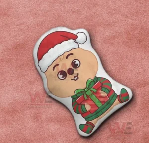 Han Quokka Stray Kids Custom Shaped Pillow 5 Quokka holiday pillow with santa hat and gift shown on a pink fabric background!