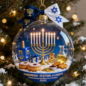A transparent ornament shows a menorah and various Hanukkah symbols such as a dreidel gifts donuts coins and oil in a snowy decorative scene!