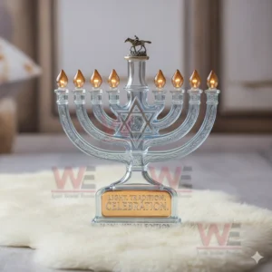 Menorah shaped decorative glass bottle on white fur with warm candle like details!