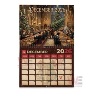 A detailed view of a magical holiday banquet with students seated at long tables under candlelit decorations and Christmas trees.