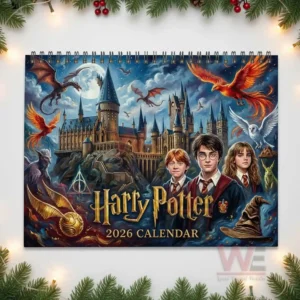 Harry Potter 2026 Wall Calendar 7 A colorful illustration of a magical castle with swirling creatures in the sky and three students prominently displayed in front.