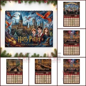 Harry Potter 2026 Wall Calendar 8 A grouped display of several illustrated calendar pages portraying magical scenes from different months.