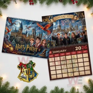 Harry Potter 2026 Wall Calendar 9 A combined view of the magical calendar cover and a January scene filled with fireworks students and castle towers.