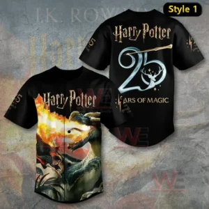 Black Harry Potter baseball jersey showing front dragon battle artwork and back 25 years of magic anniversary design with wand graphic!