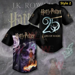 Harry Potter 25th Anniversary 2026 Baseball Jersey 4 Black Harry Potter baseball jersey with front wizard duel artwork and back 25 years of magic anniversary text with wand graphic!
