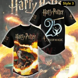 Harry Potter 25th Anniversary 2026 Baseball Jersey 5 Black Harry Potter baseball jersey with fiery wizard battle artwork on the front and 25 years of magic anniversary design on the back!