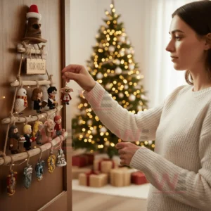 Harry Potter Premium Rustic Wall Christmas Tree 3 Person hanging harry potter themed ornaments on a rustic wooden Christmas tree with a lit Christmas tree in the background!