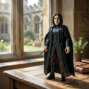 Block built wizard figure in black robes standing on a wooden table near a window inside an old stone building!