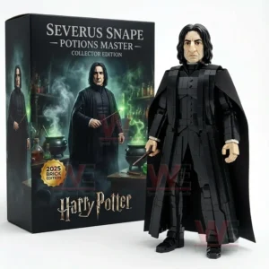 Black wizard building block figure standing next to a collector edition box with magical artwork!