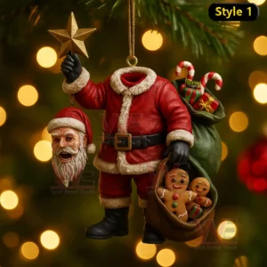 A headless Santa ornament holding a star with gift sacks and gingerbread figures in a dark festive setting!