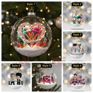 The image displays multiple Heartstopper ornaments arranged in different styles featuring characters and heart shapes in winter scenes!