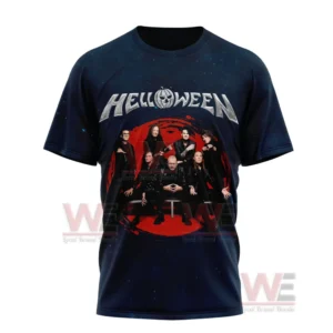Front view of a rock band shirt with group portrait and bold red background!