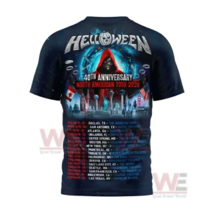 Back view of a rock band tour shirt with illustrated figure city skyline and tour text!