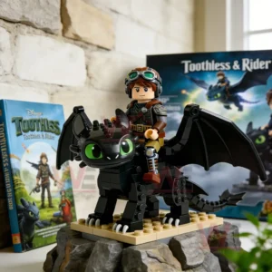 Building brick dragon with rider figure posed on a stone base with wings spread creating a fantasy adventure display!