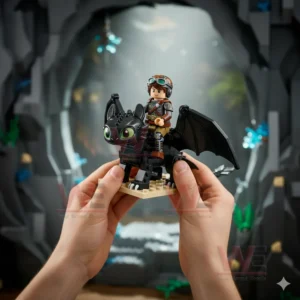 Small building brick dragon with rider held by hands in front of a dark fantasy themed backdrop!