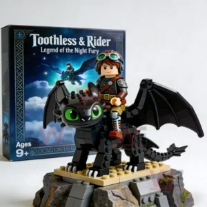 Dragon and rider building brick figure displayed on a base with packaging in the background showing a fantasy themed collectible!