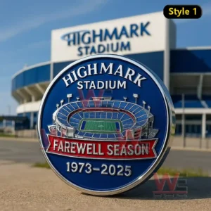Commemorative Highmark Stadium coin shown in front of the stadium!