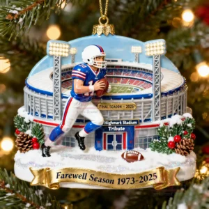 A Christmas ornament of a football player running in front of a snowy Highmark Stadium with a banner reading farewell season nineteen seventy three to twenty twenty five!