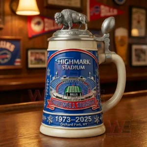 A commemorative beer stein displaying a stadium graphic farewell season banner and a metal lid topped with a bison figure!