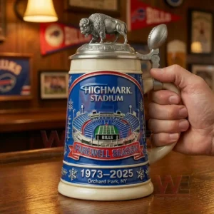 A hand holding a decorative beer stein with a stadium illustration farewell text and a metal top featuring a bison sculpture!