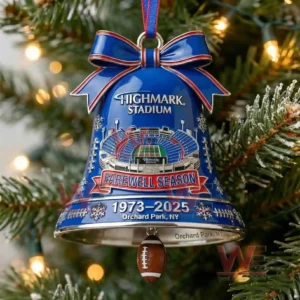Blue Highmark Stadium farewell season bell ornament with football clapper on a Christmas tree!