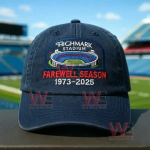 Navy blue hat with Highmark Stadium farewell season embroidery in front of a stadium field!