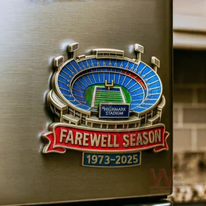 A stadium shaped fridge magnet showing Highmark Stadium with blue seats a green field and a red farewell season banner with the years nineteen seventy three to two thousand twenty five!