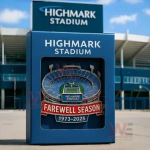 A boxed stadium magnet with blue stands a green field and a red farewell season banner displayed in front of Highmark Stadium!