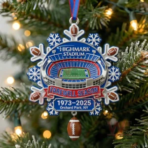 Snowflake ornament with Highmark Stadium farewell season design on a Christmas tree!