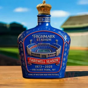Blue Highmark Stadium farewell season bottle with crown cap near a sports field!