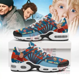 Blue and red Home Alone themed shoes with character graphics displayed on a box before movie characters!
