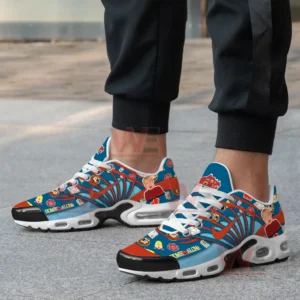 Blue and red Home Alone shoes with themed graphics worn by a person on pavement!