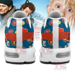 Rear view of blue and red Home Alone shoes with illustrated icons and movie characters behind!