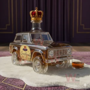 Luxury whiskey bottle shaped like a classic SUV with crown cap and tasting glass on display!