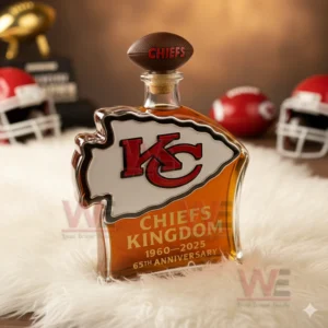 Chiefs arrow logo bottle on white fur with helmets footballs and warm toned decor!