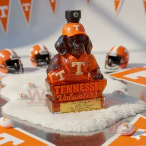 Tennessee dog mascot bottle on white fur with orange football decor around it!