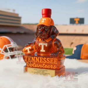 Tennessee mascot bottle on white fur with stadium background and team helmets nearby!