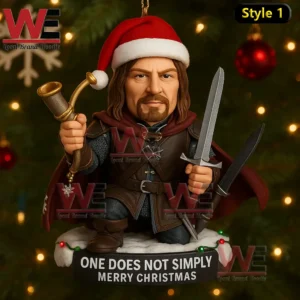 Christmas ornament featuring a warrior character with santa hat sword horn festive base and glowing holiday lights!