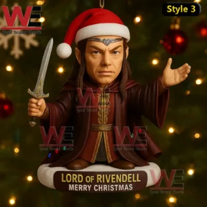 HOT The Lord of the Rings Anniversary Christmas Ornament 8 Elf themed christmas ornament with santa hat sword raised arms flowing robes and festive background!