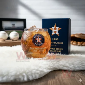 Houston Astros baseball style glass and box shown on a white rug with baseballs and framed stadium art in the background!