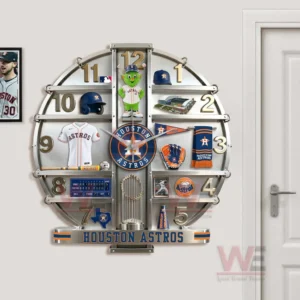 Houston Astros themed wall clock with mascot and baseball memorabilia arranged on circular shelves!