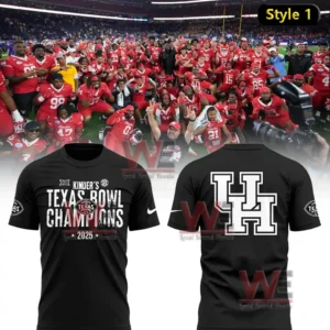 Alt text black t shirt with Texas Bowl Champions 2025 front design and a large UH logo on the back shown over a football team celebration background.
