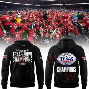 Alt text black hoodie with Texas Bowl Champions 2025 on the front and a Texas Bowl emblem above Champions on the back over a team celebration image.