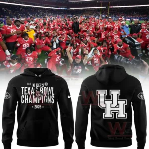 Alt text black Texas Bowl Champions 2025 hoodie with front championship text and a large UH logo on the back shown over a football celebration scene.